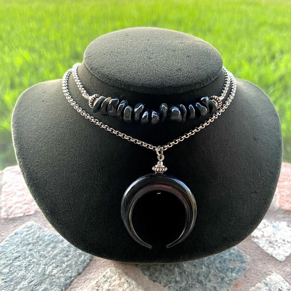 Moon choker necklace . Double layer onyx chips & black moon charm .  goth boho - Picture 10 of 13